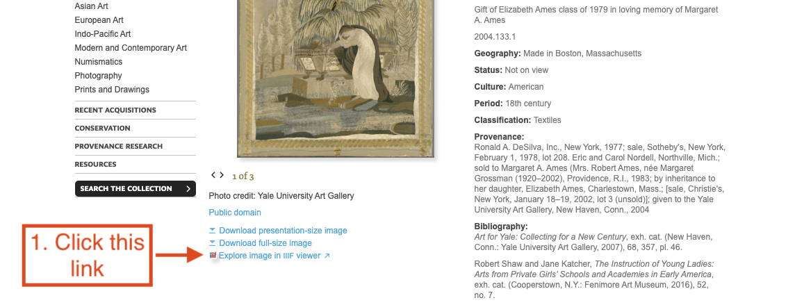 A screenshot showing to click the IIIF link 