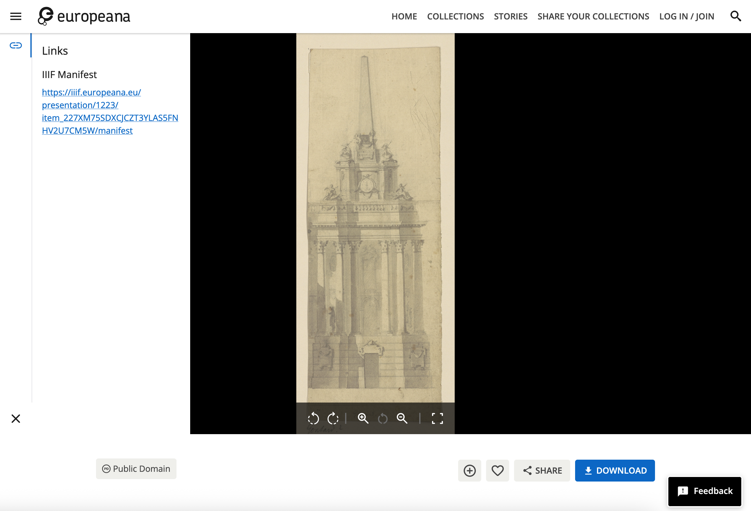 Europeana Viewer with Manifest link panel open.