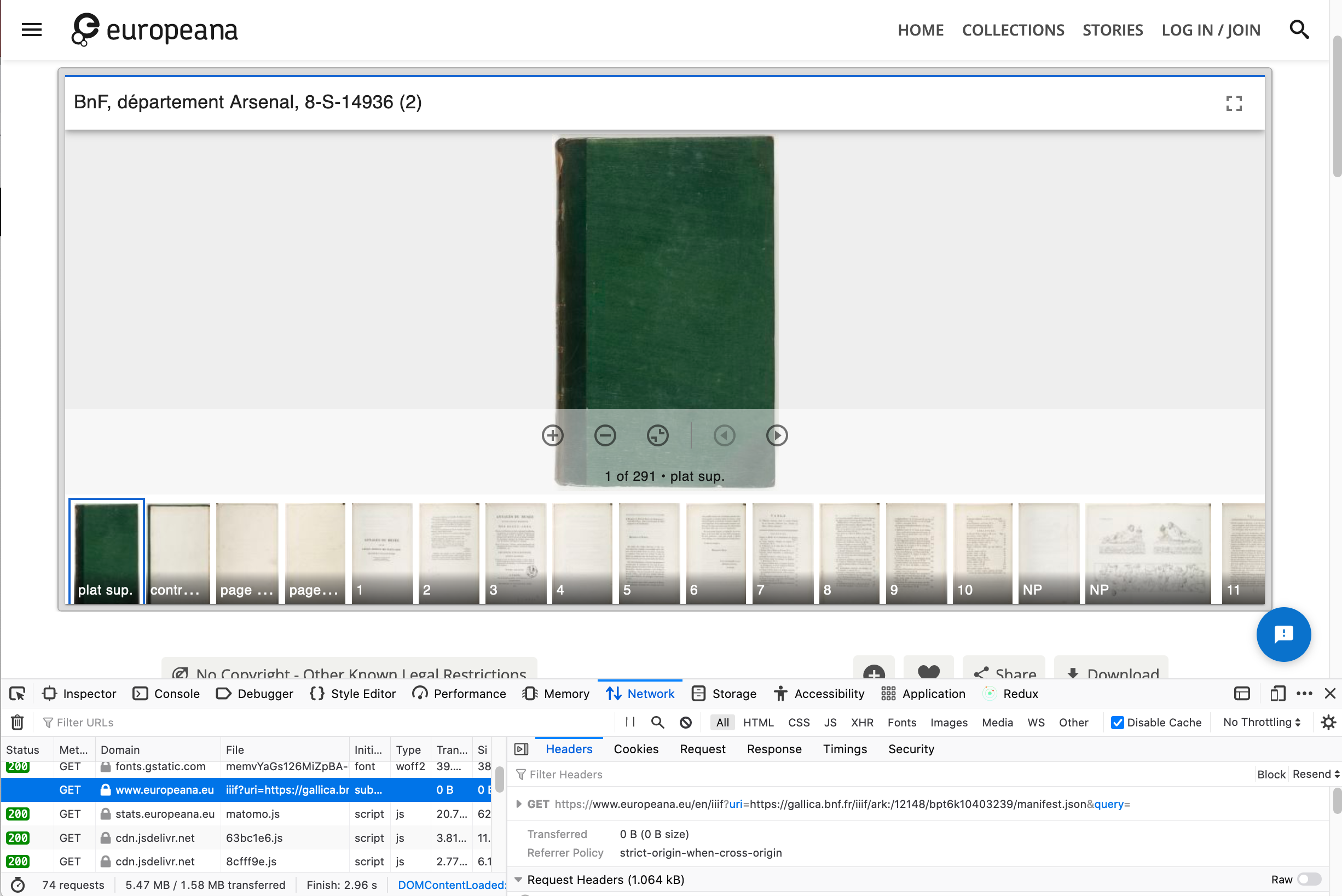 Screenshot of browser with network tab open trying to find a Manifest in Europeana