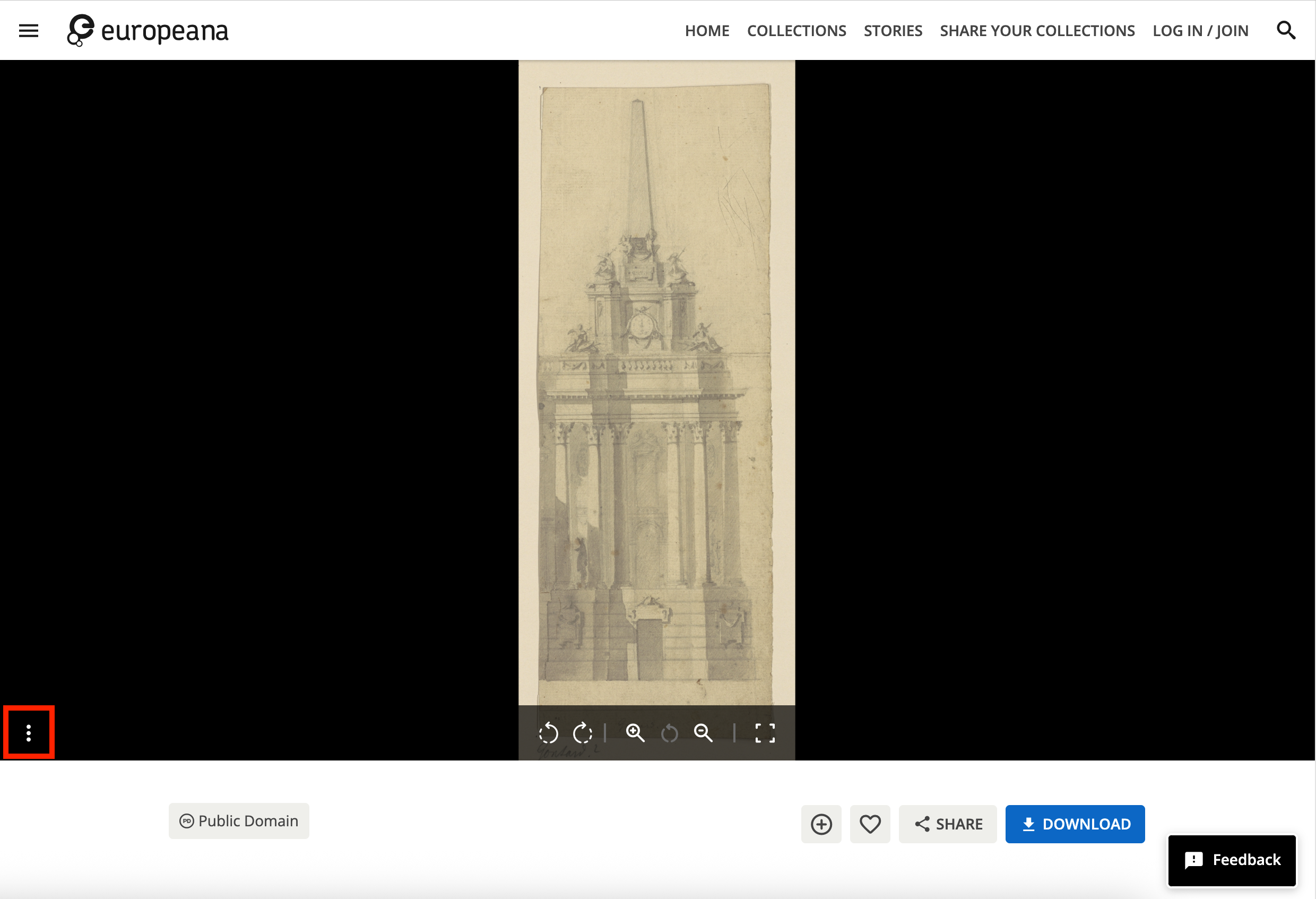 Europeana viewer highlighting the button to open the manifest link