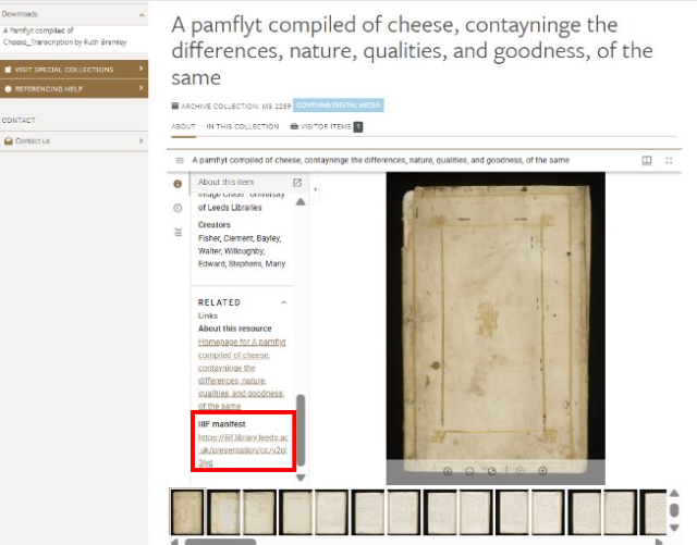 and then scroll to the bottom to see the IIIF manifest