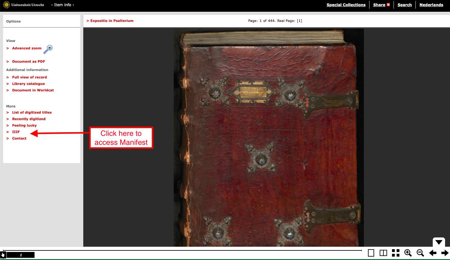 Click on a digitized object and subsequently on 'IIIF' in the left menu